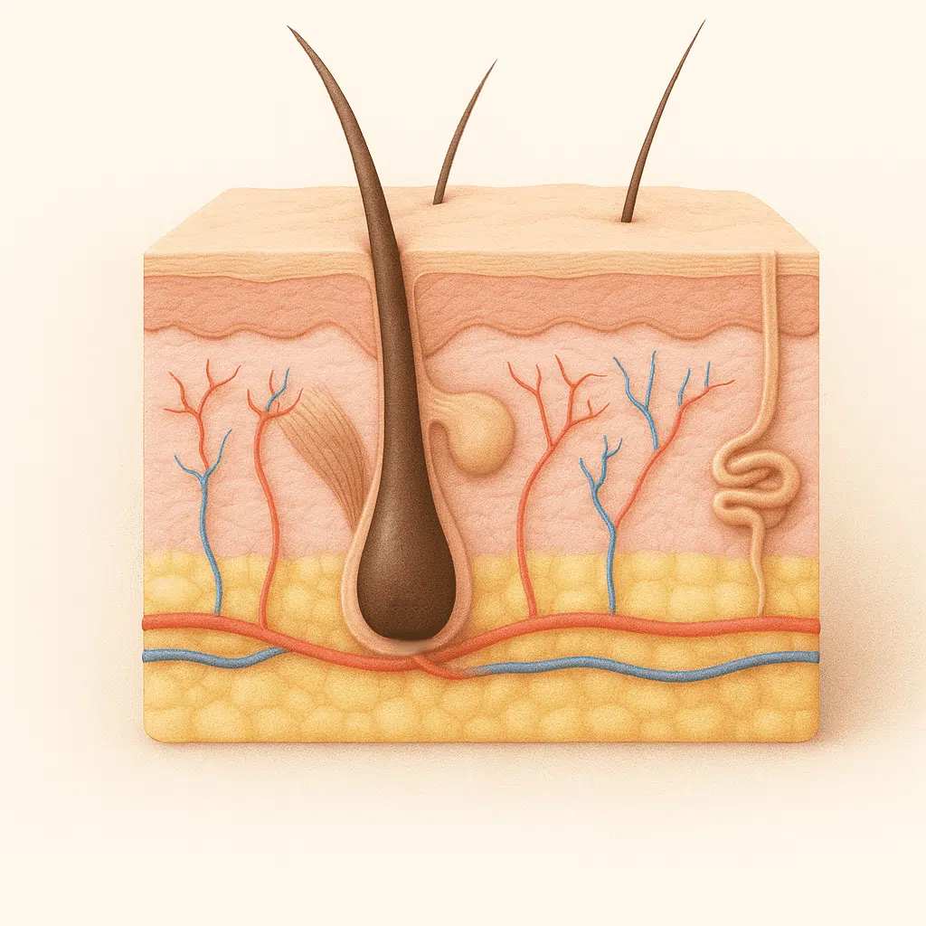 Diagram of human skin structure with hair follicle and glands