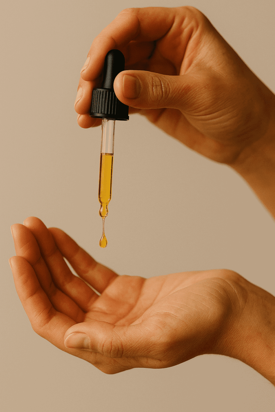Yubotanics botanical facial oil dropper dispensing oil into hand.