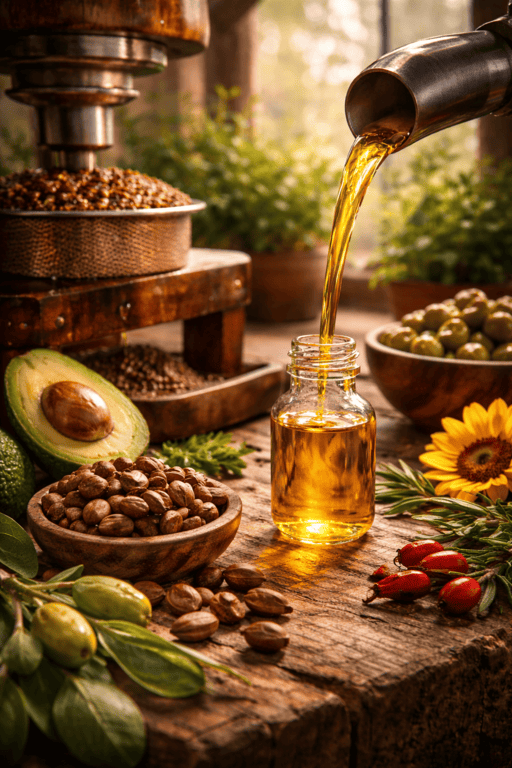 Cold-pressed botanical oil being poured into glass bottle surrounded by natural plant ingredients