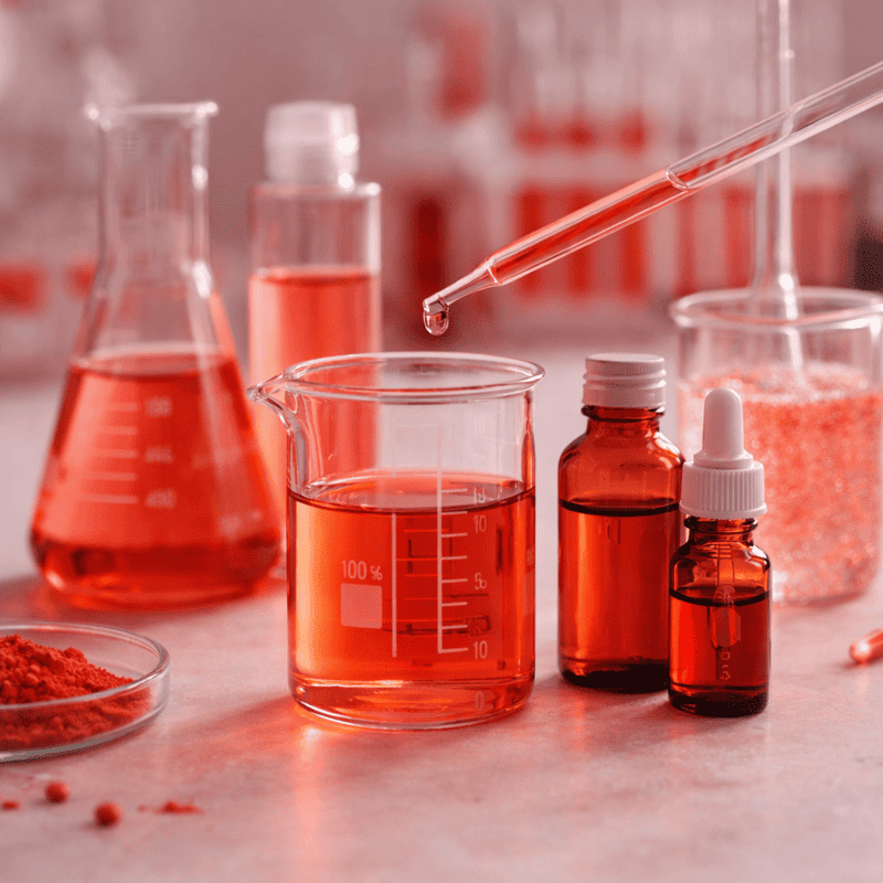 Laboratory glassware with red cosmetic formulation liquids representing synthetic skincare ingredients